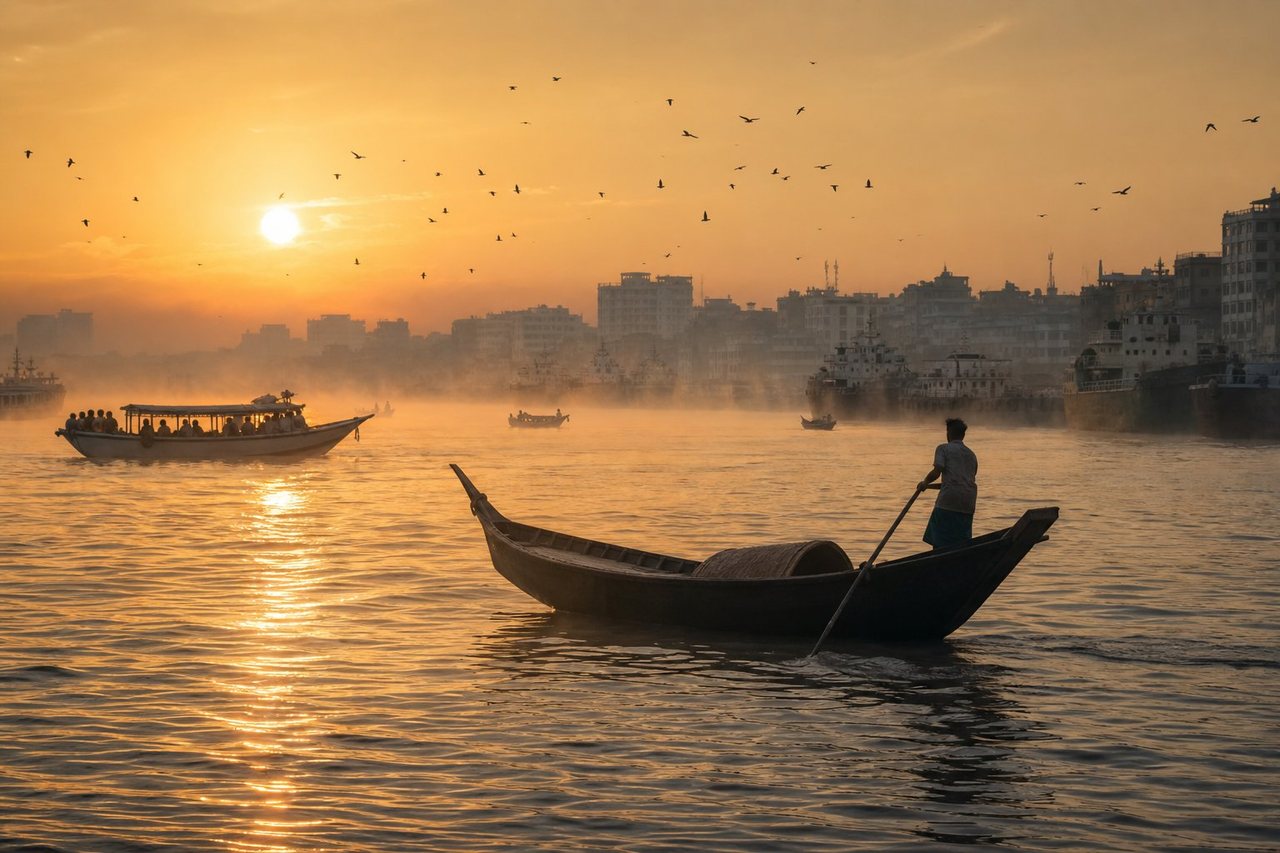 Boats on the river at sunrise in Dhaka